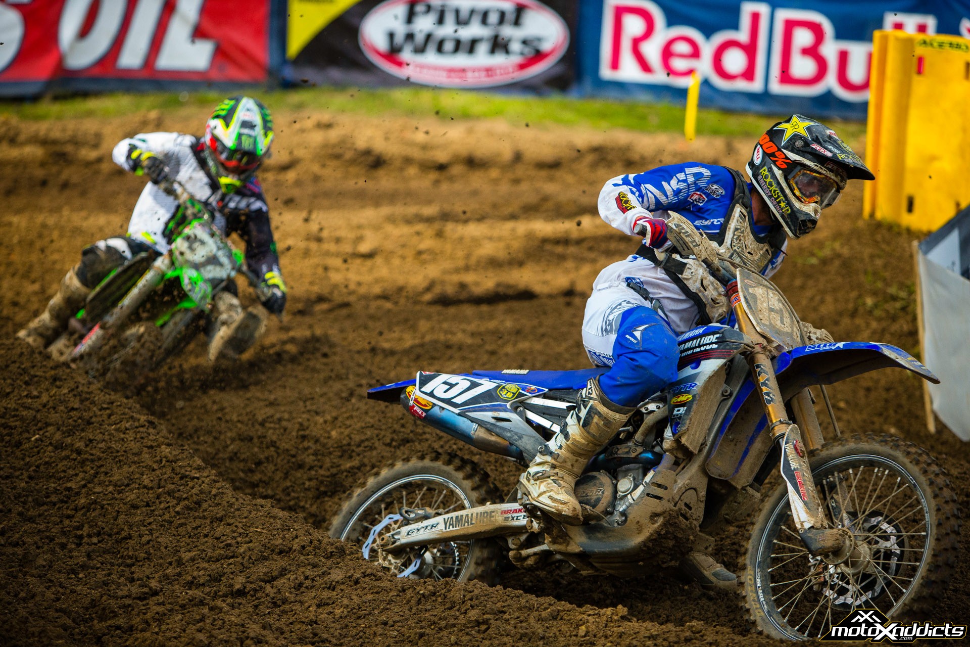 Aaron Plessinger (157) caught, passed and checked out on Joey Savatgy (37) in moto two. Photo by: Hoppenworld