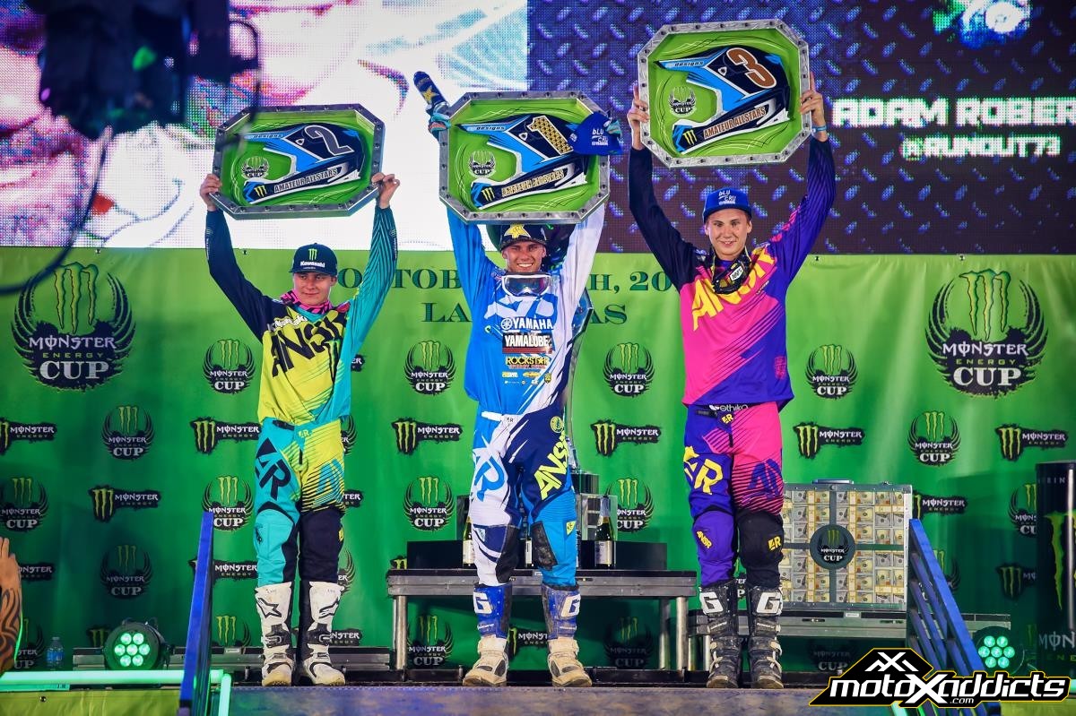 Benny Bloss (far right) finished third behind Aaron Plessinger (center) and Darian Sanayei (left) at the 2014 Monster Energy Cup. Photo by: Hoppenworld