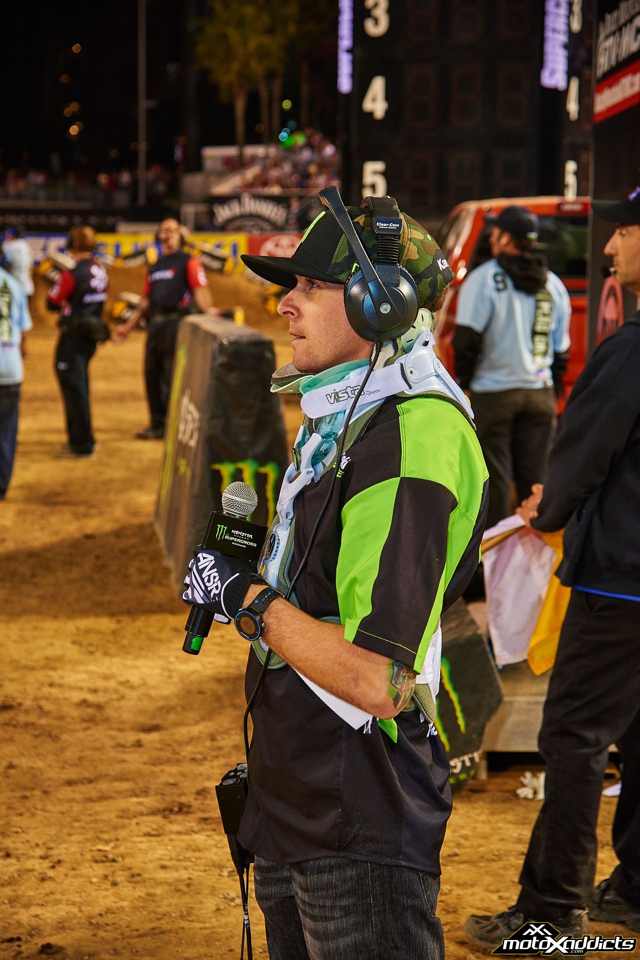 Even with his massive injuries at the opener, Wil participated in the Monster Energy Supercross series as a floor reporter for FELD. Photo by: Hoppenworld