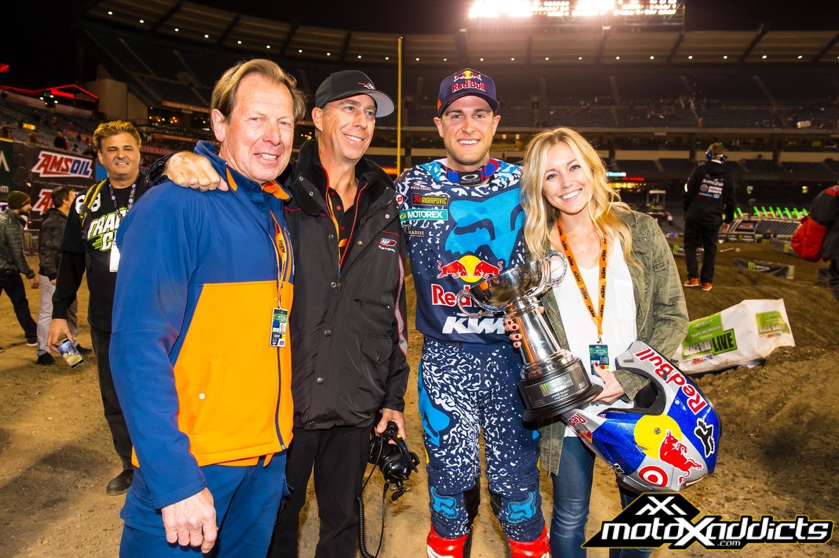 You're only as good as those you surround yourself win, and Ryan Dungey has a dream team behind him. Left-Right: Roger Decoster, Aldon Baker, Ryan Dungey, Lindsay Dungey. Photo by: Simon Cudby