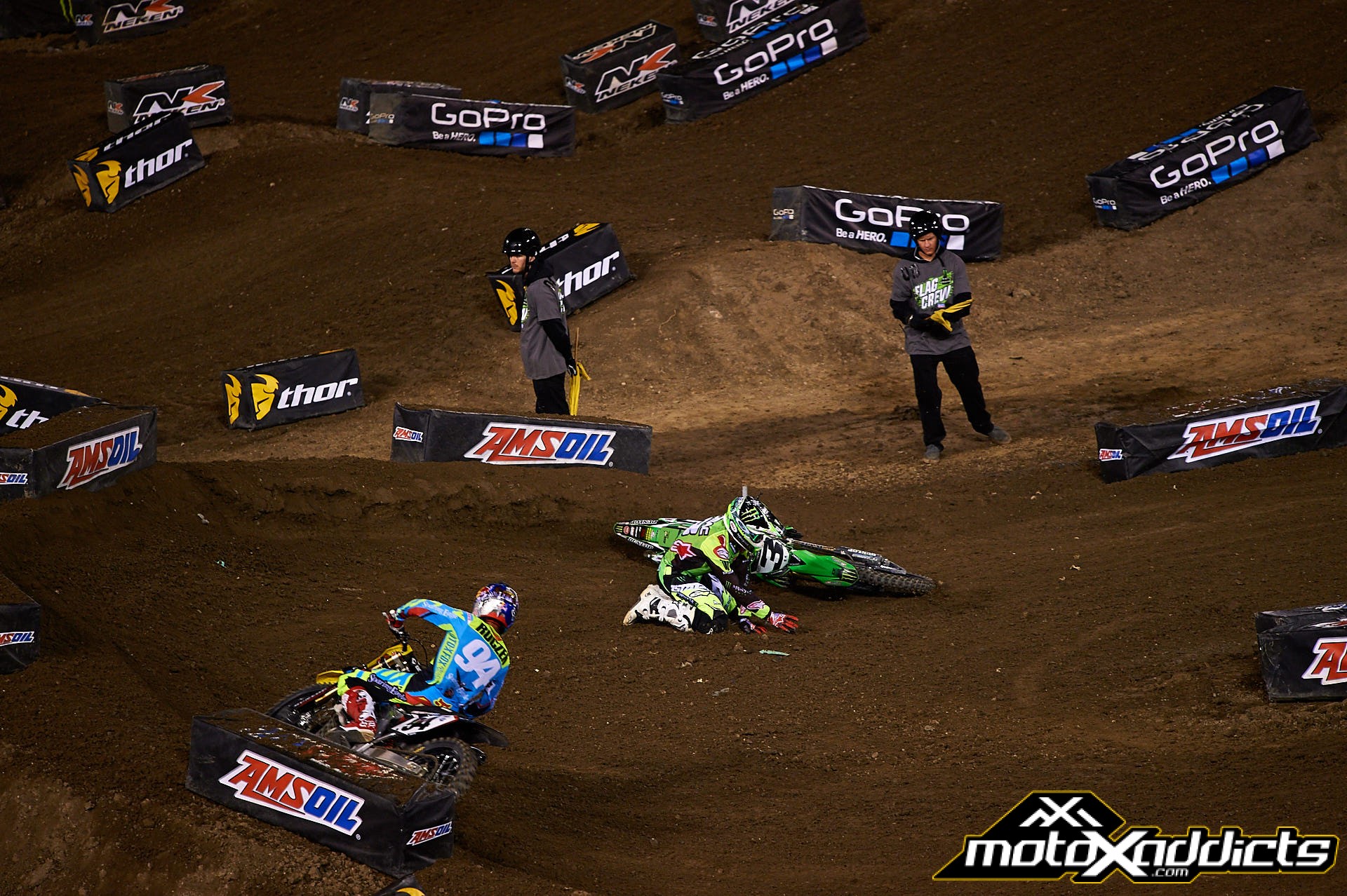 Tomac (on the ground) crashed while battling with Reed for 2nd, and Roczen (#94) inherited his first podium of the season. Photo by: Hoppenworld