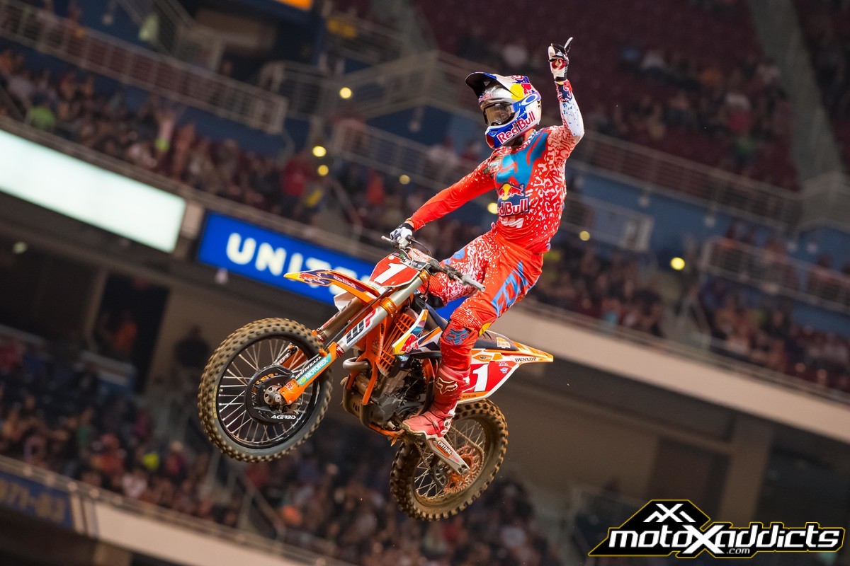 With thirty 450SX main event wins and thirty-straight 450SX podiums, Dungey has a lot to raise his hands about. Photo by: Simon Cudby