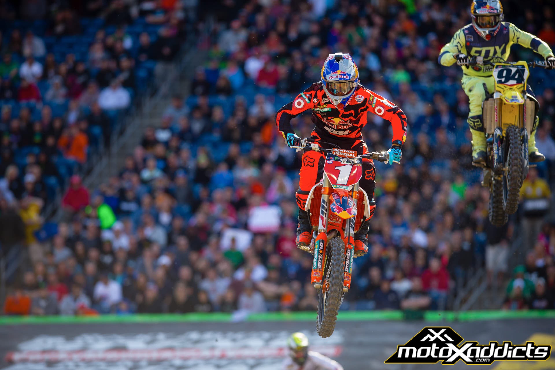 If Ken Roczen (#94) wins next weekend at MetLife Stadium,  Ryan Dungey (#1) has to finish 14th or better to clinch the 450SX Championship. 