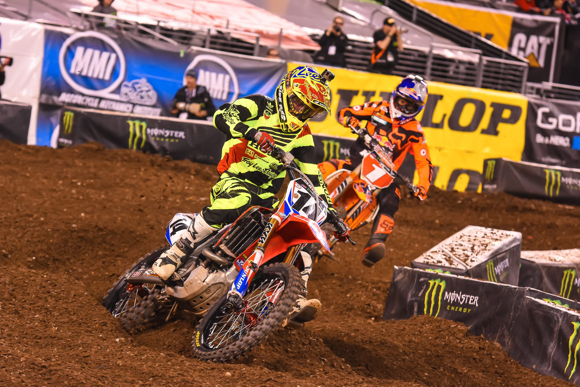 Cole (#14) held strong under extreme pressure from Ryan Dungey (#1) late in the race. Ryan was bound and determined to keep his podium streak alive, but Cole kept him at bay. 