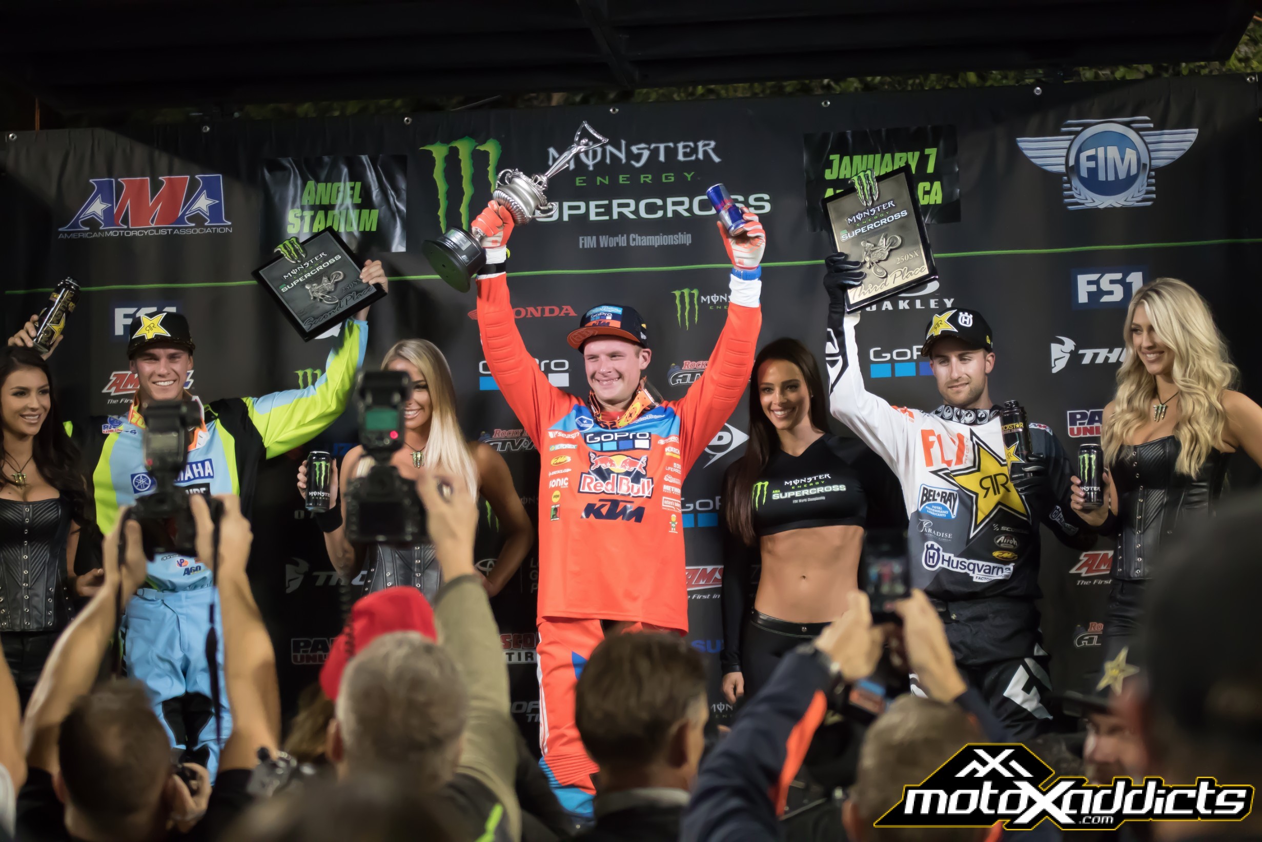 250SX podium. Shane McElrath (center), Aaron Plessinger (left) and Martin Davalos (right). Photo by: Chase Yocom
