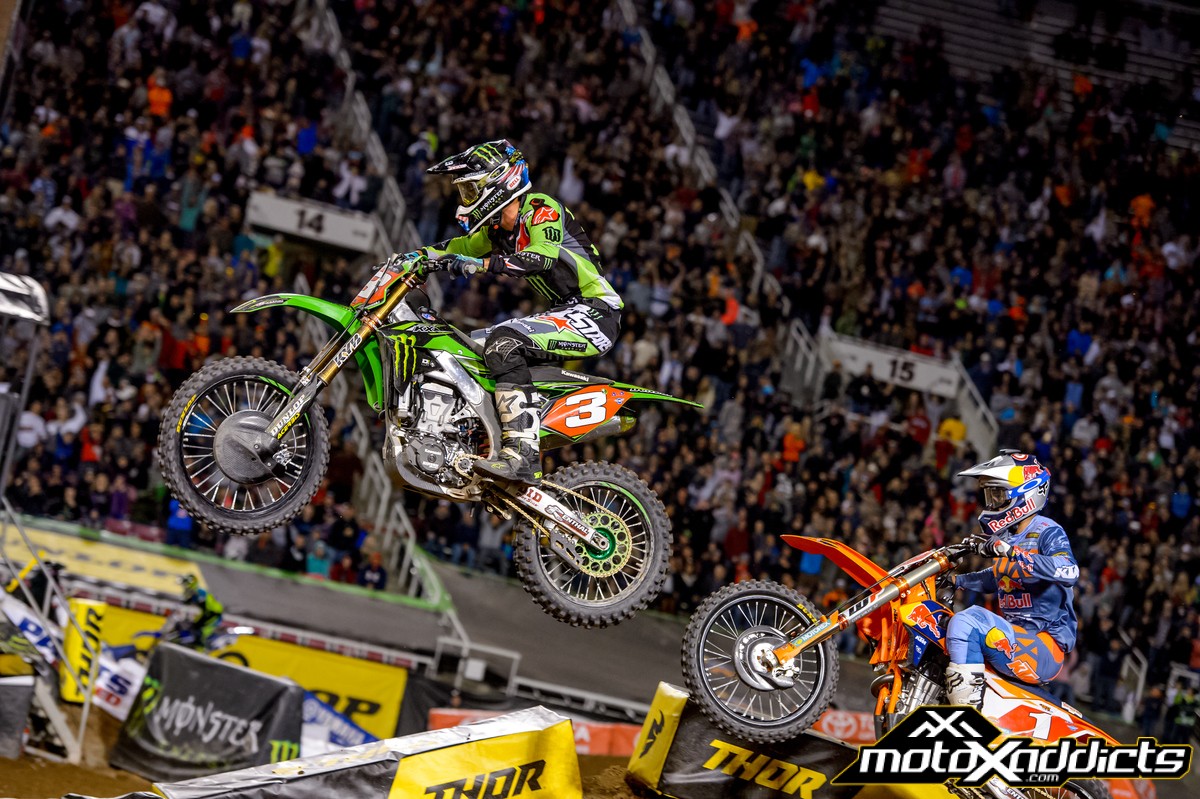 Both Tomac (#3) and Dungey (#1) had a red background in Salt Lake, but only Tomac gets to keep it on. Photo: Ryne Swanberg